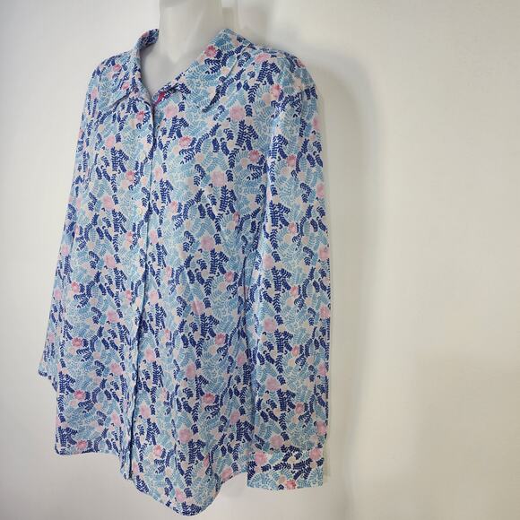 Talbots Petite Shirt XLP Button Front Classic Cotton Blue Pink Floral Ferns - Picture 5 of 8